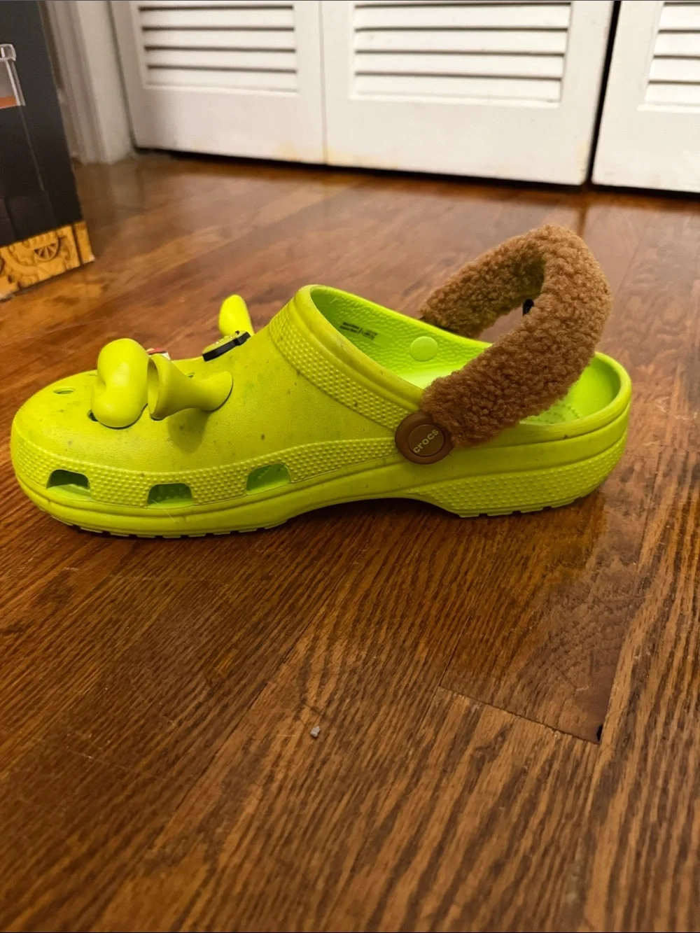 CROCS X Shrek Neon Lime Green Clog Sandals with Brown Fuzzy Heel Strap